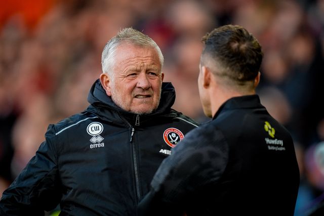 Chris Wilder manager of Sheffield United speaks to Fourth official Ed Duckworth during the Sky Bet Championship match Sheffield United vs Blackburn Rovers at Bramall Lane, Sheffield, United Kingdom on 22 April 2026

(Photo by Maynard Manyowa/News Images)