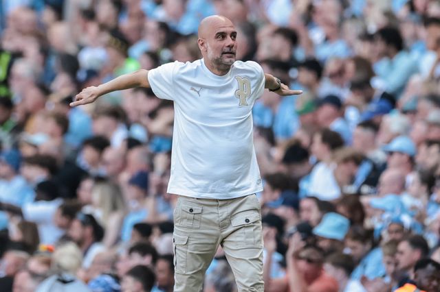 Pep Guardiola manager of Manchester City reacts after City miss a chance on goal during the Premier League match Manchester City vs Aston Villa at Etihad Stadium, Manchester, United Kingdom on 24 May 2026

(Photo by Mark Cosgrove/News Images)
