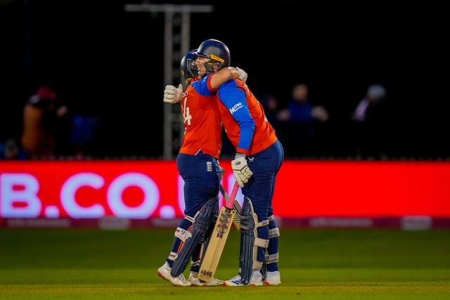 Alice Capsey of England and Freya Kemp of England celebrate scoring the wining runs and winning the match during the England Women v New Zealand 1st Vitality IT20 match at The Central Co-Op County Ground, Derby, United Kingdom on 20 May 2026

(Photo by Maynard Manyowa/News Images)