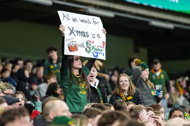 South African fans celebrate during the Quilter Nations Series 2025 match Wales vs South Africa at Principality Stadium, Cardiff, United Kingdom, 29th November 2025

(Photo by Andrew Lewis/News Images)

*** GER AUT SUI OUT ***