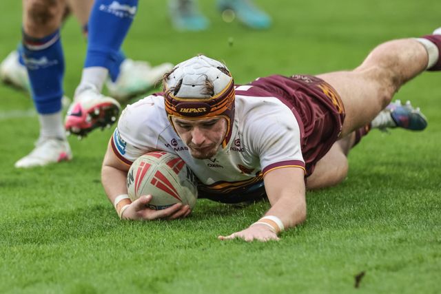 George Flanagan Jnr of Huddersfield Giants goes over for a try during the Betfred Super League Round 2 match Huddersfield Giants vs Wakefield Trinity at Accu Stadium, Huddersfield, United Kingdom on 22 February 2026

(Photo by Mark Cosgrove/News Images)