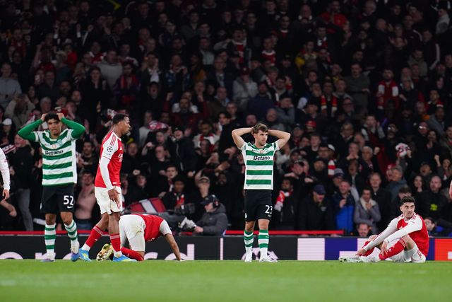 Sporting CP players after missed opportunity with the last kick during the UEFA Champions League Quarter Finals match Arsenal vs Sporting CP at Arsenal stadium, London, United Kingdom on 15 April 2026

(Photo by Harvey Murphy/News Images)