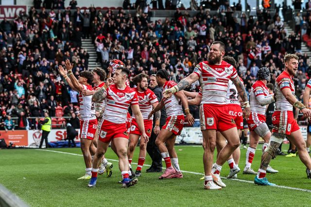 Bill Leyland of St Helens celebrates his try during the Betfred Super League round 7 match St Helens vs Wigan Warriors at The BrewDog Stadium, St Helens, United Kingdom on 03 April 2026

(Photo by Alfie Cosgrove/News Images)