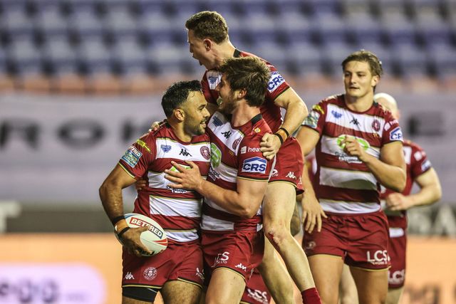 Bevan French of Wigan Warriors celebrates his try during the Betfred Super League Semi Final 1 match Wigan Warriors vs Leigh Leopards at The Brick Community Stadium, Wigan, United Kingdom, 3rd October 2025

(Photo by Alfie Cosgrove/News Images)