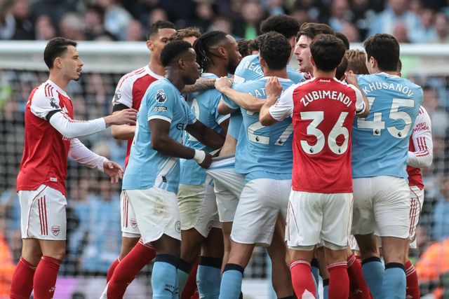 Tempers flare late in the second half during the Premier League match Manchester City vs Arsenal at Etihad Stadium, Manchester, United Kingdom on 19 April 2026

(Photo by Mark Cosgrove/News Images)