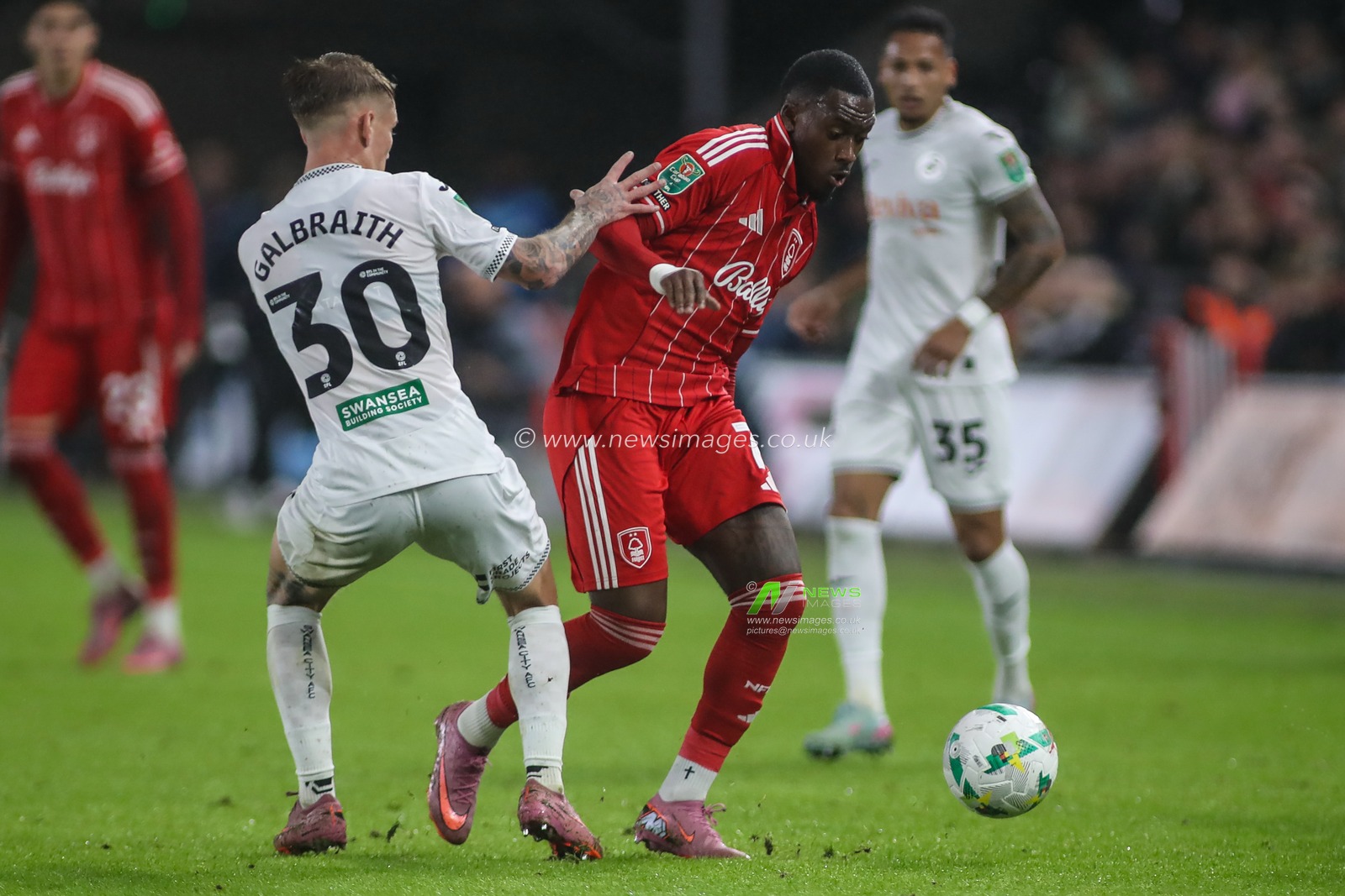 Callum Hudson-Odoi of Nottingham Forest under pressure from Ethan Galbraith of Swansea City during the Carabao Cup 3rd Round Swansea City vs Nottingham Forest at Swansea.com Stadium, Swansea, United Kingdom, 17th September 2025

(Photo by Andrew Lewis/News Images)