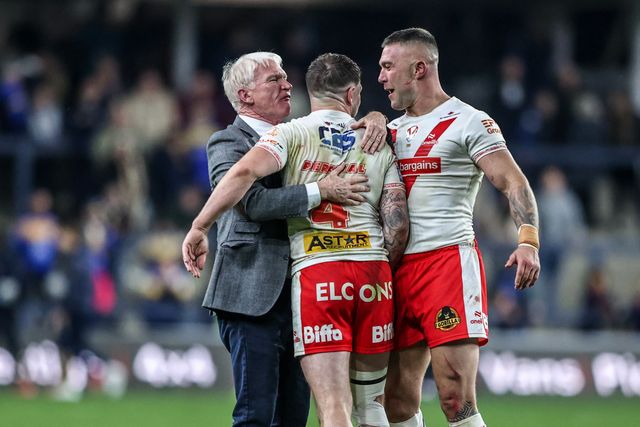 Eamonn McManus, chairman and owner of St Helens celebrates the win with Mark Percival of St. Helens and Curtis Sironen of St. Helens during the Betfred Super League play-off Eliminator 1 match Leeds Rhinos vs St Helens at Headingley Stadium, Leeds, United Kingdom, 27th September 2025

(Photo by Alfie Cosgrove/News Images)