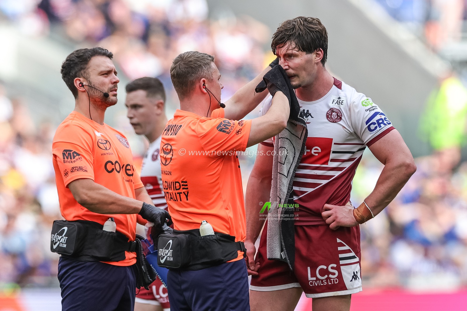 Ethan Havard of Wigan Warriors receives treatment during the Betfred Super League Magic Weekend match Wigan Warriors vs St Helens at Hill Dickinson Stadium, Liverpool, United Kingdom on 05 July 2026

(Photo by Mark Cosgrove/News Images)