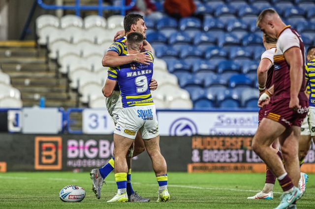 Sam Stone of Warrington Wolves celebrates his try during the Betfred Super League round 10 match Huddersfield Giants vs Warrington Wolves at Accu Stadium, Huddersfield, United Kingdom on 02 May 2026

(Photo by Alfie Cosgrove/News Images)