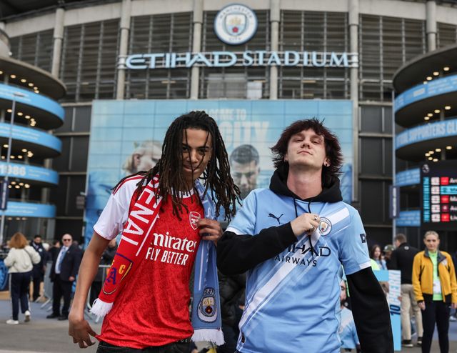 Manchester City and Arsenal fans who are friends  are both attending the game during the Premier League match Manchester City vs Arsenal at Etihad Stadium, Manchester, United Kingdom on 19 April 2026

(Photo by Mark Cosgrove/News Images)