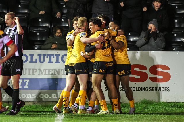 Jason Qareqare of Castleford Tigers celebrates his try during the Betfred Super League round 6 match Castleford Tigers vs Bradford Bulls at OneBore Stadium, Castleford, Untied Kingdom on 26 March 2026

(Photo by Alfie Cosgrove/News Images)