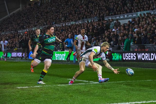 Ollie Hassell-Collins chases a Handre Pollard kick during the Gallagher Premiership match Northampton Saints vs Leicester Tigers at Cinch Stadium at Franklin's Gardens, Northampton, United Kingdom, 21st March 2025

(Photo by Craig Evans/News Images)