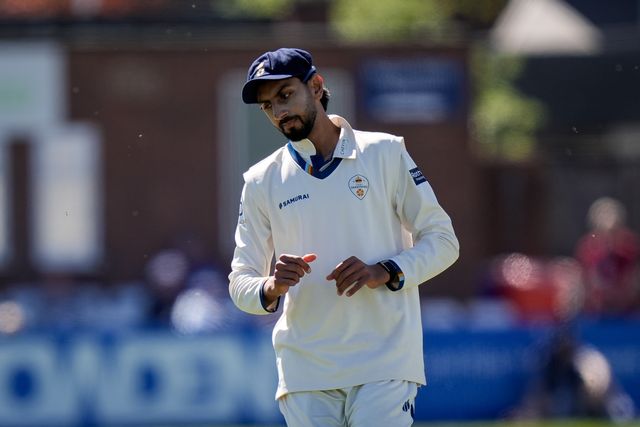 Shoaib Bashir of Derbyshire during the County Championship Division Two Derbyshire vs Gloucestershire at The Central Co-Op County Ground, Derby, United Kingdom on 24 April 2026

(Photo by Maynard Manyowa/News Images)