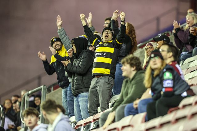 York Knights fans celebrate after scoring a try during the Betfred Super League round 5 match Wigan Warriors vs York Knights at The Brick Community Stadium, Wigan, United Kingdom on 19 March 2026

(Photo by Alfie Cosgrove/News Images)