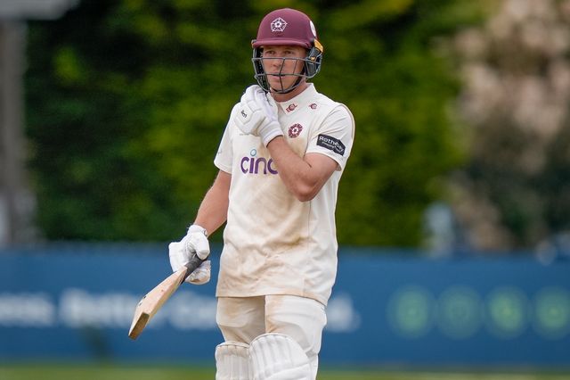 Nathan McSweeney of Northamptonshire celebrates reaching his 50 (half century) during the County Championship Division Two Derbyshire vs Northamptonshire day four match at The Central Co-Op County Ground, Derby, United Kingdom on 11 May 2026

(Photo by Maynard Manyowa/News Images)