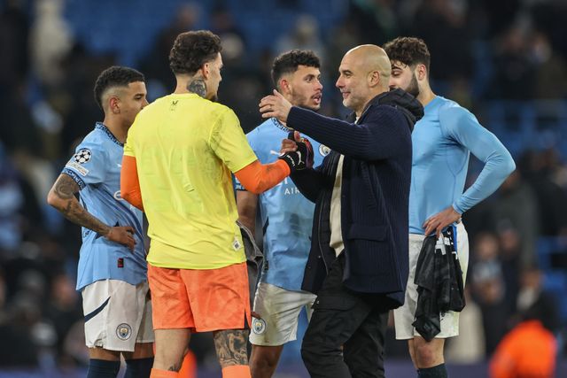 Pep Guardiola manager of Manchester City celebrates with Ederson of Manchester City during the UEFA Champions League Matchday 8 of 8 Manchester City vs Club Brugge at Etihad Stadium, Manchester, United Kingdom, 29th January 2025

(Photo by Mark Cosgrove/News Images)