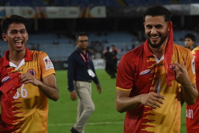East Bengal FC player celebrates during the 135th Durand Cup final against Mohun Bagan Super Giant at the Vivekananda Yuba Bharati Krirangan in Kolkata, India, August 23, 2026. Photo by Debajyoti Chakraborty.(Photo: Debajyoti Chakraborty/News Images)