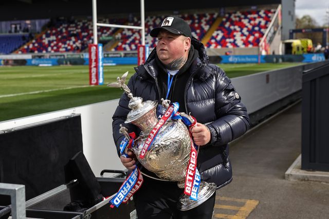 The Challenge Cup Trophy is Brough out to display during the Betfred Challenge Cup Quarter Final match Wakefield Trinity vs Wigan Warriors at DIY Kitchens Stadium, Wakefield, United Kingdom on 12 April 2026

(Photo by Mark Cosgrove/News Images)