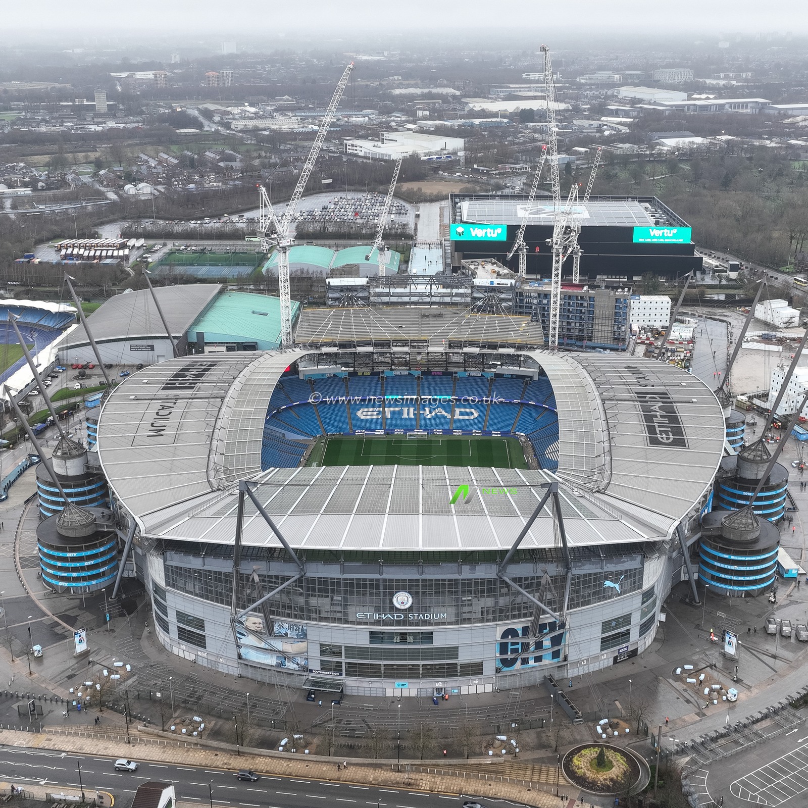 An aerial view of the Etihad Stadium ahead of the Premier League match Manchester City vs Manchester United at Etihad Stadium, Manchester, United Kingdom, 15th December 2024

(Photo by Mark Cosgrove/News Images)