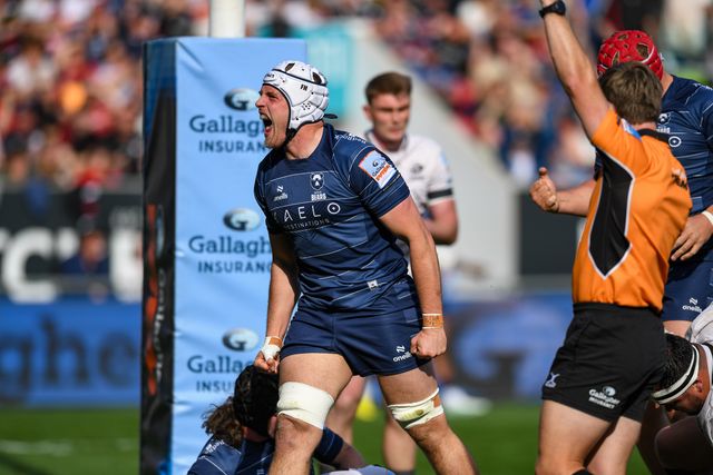 Fitz Harding of Bristol Bears celebrates scoring Bristol Bears first try during the Gallagher PREM match Bristol Bears vs Saracens at Ashton Gate, Bristol, United Kingdom on 09 May 2026

(Photo by Alex Williamson/News Images)