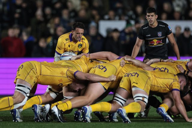 Alex Mitchell of Northampton Saints holds the ball at the scrum during the Gallagher Premiership match Newcastle Red Bulls vs Northampton Saints at Kingston Park, Newcastle, United Kingdom, 17th October 2025

(Photo by Mark Cosgrove/News Images)