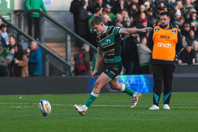 Fin Smith of Northampton Saints during the Gallagher Premiership match Northampton Saints vs Sale Sharks at Cinch Stadium at Franklin's Gardens, Northampton, United Kingdom, 20th December 2025

(Photo by Craig Evans/News Images)

*** GER AUT SUI OUT ***