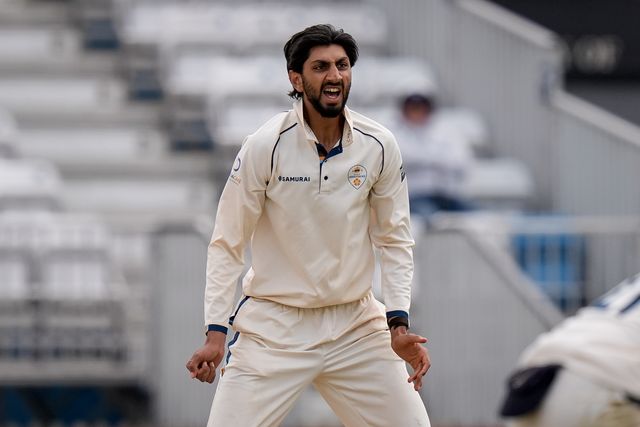 Shoaib Bashir of Derbyshire bowls during the County Championship Division Two Derbyshire vs Northamptonshire day four match at The Central Co-Op County Ground, Derby, United Kingdom on 11 May 2026

(Photo by Maynard Manyowa/News Images)