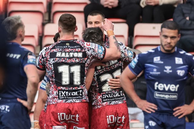 Innes Senior of Leigh Leopards celebrates his try during the Betfred Super League round 6 match Leigh Leopards vs Toulouse at Leigh Sports Village, Leigh, United Kingdom on 28 March 2026

(Photo by Mark Cosgrove/News Images)