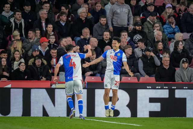 Ryoya Morishita of Blackburn Rovers celebrates his goal to make it  0-2 during the Sky Bet Championship match Sheffield United vs Blackburn Rovers at Bramall Lane, Sheffield, United Kingdom on 22 April 2026

(Photo by Maynard Manyowa/News Images)