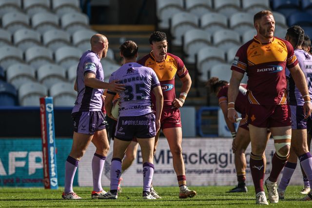 Arthur Mourgue of Hull KR celebrates his try during the Betfred Super League Round 6 match Huddersfield Giants vs Hull KR at John Smith's Stadium, Huddersfield, United Kingdom, 30th March 2025

(Photo by Alfie Cosgrove/News Images)