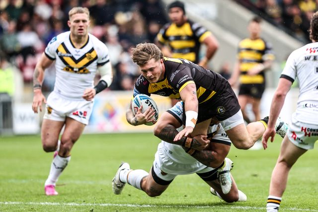 Denive Balmforth of York Knights is tackled during the Betfred Super League round 12 match York Knights vs Castleford Tigers at LNER Community Stadium, York, United Kingdom on 16 May 2026

(Photo by Alfie Cosgrove/News Images)