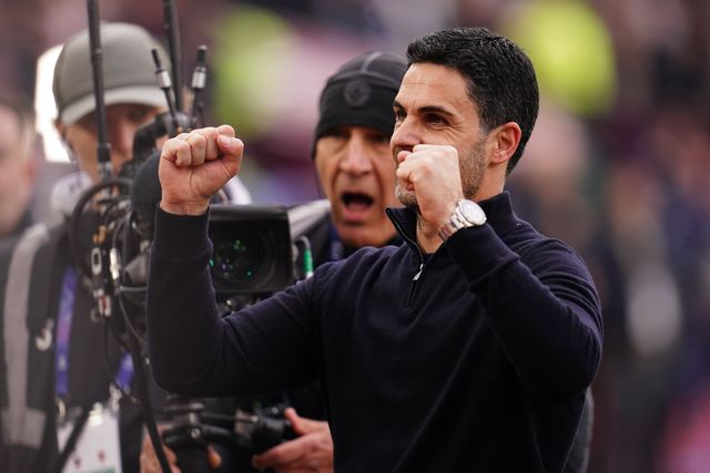 Mikel Arteta manager of Arsenal celebrates win with away support during the Premier League match West Ham United vs Arsenal at London Stadium, London, United Kingdom on 10 May 2026

(Photo by Harvey Murphy/News Images)