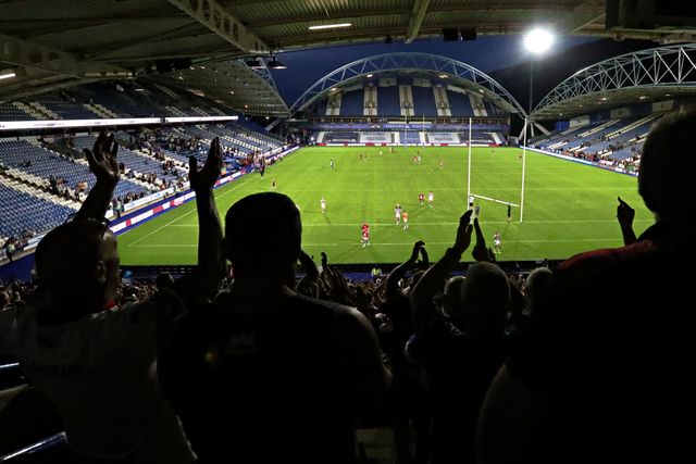 Wakefield fans celebrate after the Betfred Super League round 19 match Huddersfield Giants vs Wakefield Trinity at the Accu Stadium, Huddersfield, United Kingdom, 18th July 2025

(Photo by Sam Eaden/News Images)