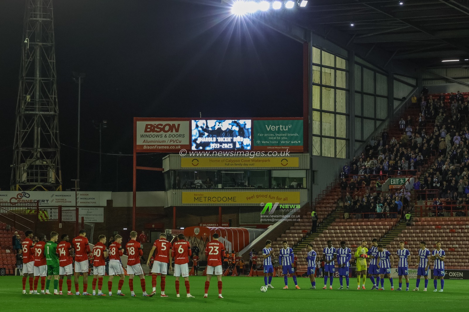Players, officials and fans hold a minute’s applause for Harold 'Dickie' Bird who sadly passed away today aged 92, Dickie was a life long Barnsley FC supporter during the Carabao Cup Round 3 match Barnsley vs Brighton and Hove Albion at Oakwell, Barnsley, United Kingdom, 23rd September 2025

(Photo by Mark Cosgrove/News Images)