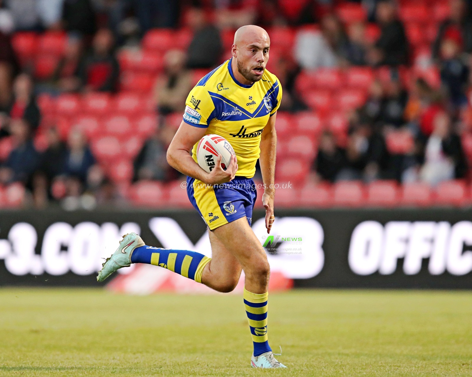 James Harrison of Warrington Wolves runs in to score during the Betfred Super League round 17 match Salford Red Devils vs Warrington Wolves at Salford Community Stadium, Eccles, United Kingdom, 4th July 2025(Photo by Sam Eaden/News Images)