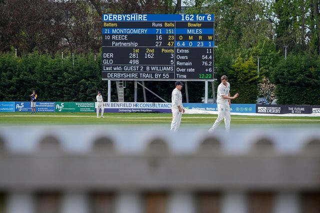 Craig Miles return to his mark during the county Championship Division Two day 4 Derbyshire vs Gloucestershire at The Central Co-Op County Ground, Derby, United Kingdom on 27 April 2026

(Photo by Maynard Manyowa/News Images)
