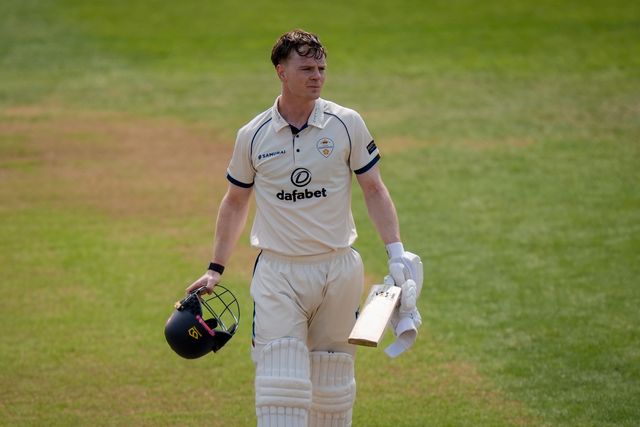 Brooke Guest of Derbyshire celebrates scoring his hundred during the County Championship Division Two Derbyshire vs Northamptonshire day two  match at The Central Co-Op County Ground, Derby, United Kingdom on 09 May 2026

(Photo by Maynard Manyowa/News Images)