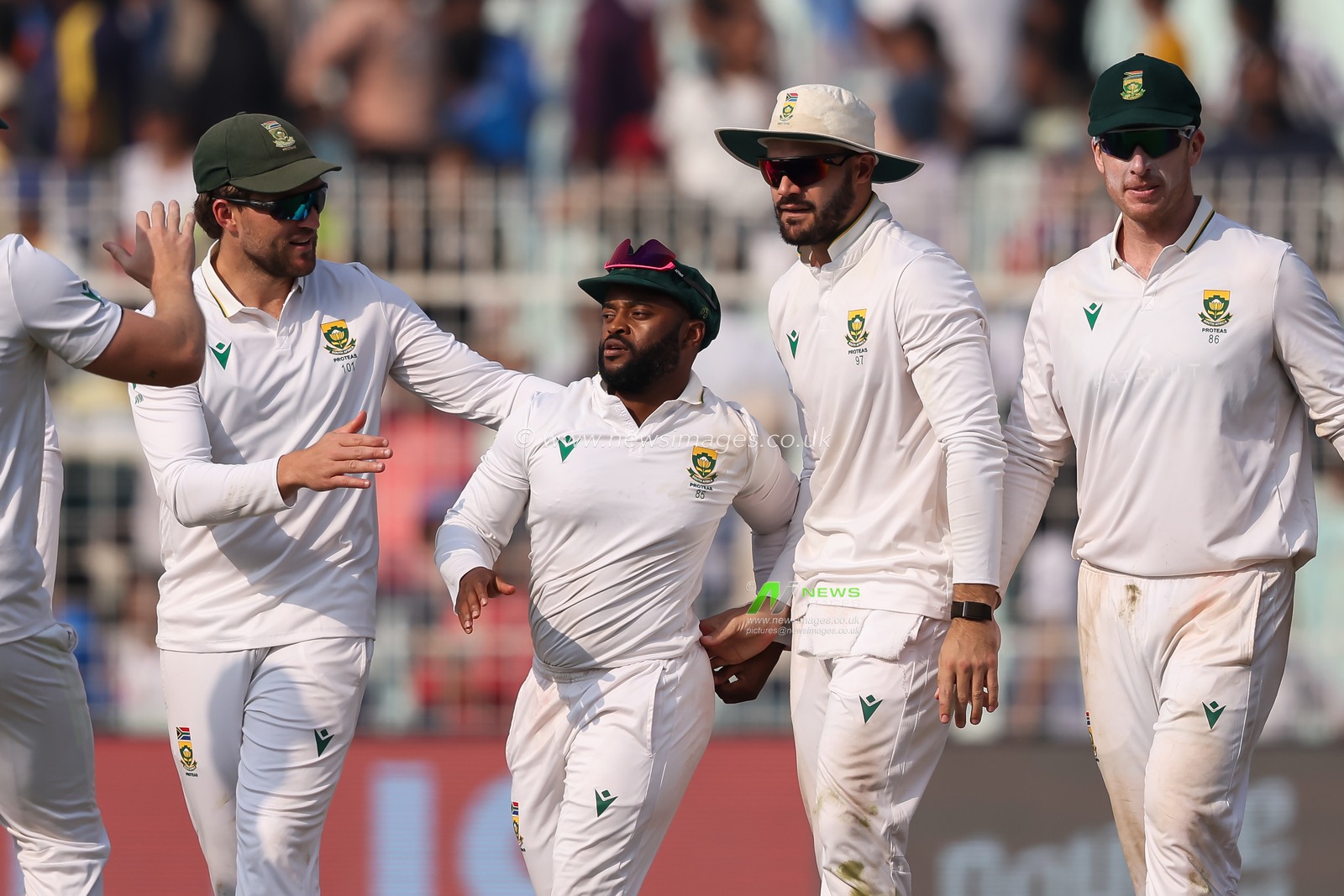 Keshav Maharaj of South Africa celebrates with Aiden Markram of South Africa after dismissing Axar Patel of India caught by Teamba Bavuma (Captain) of South Africa  during the IDFC First Bank Test Day 3 match India vs South Africa at Eden Gardens, Kolkata, India, 16th November 2025

(Photo by Shubhajit Roy Karmakar/News Images)