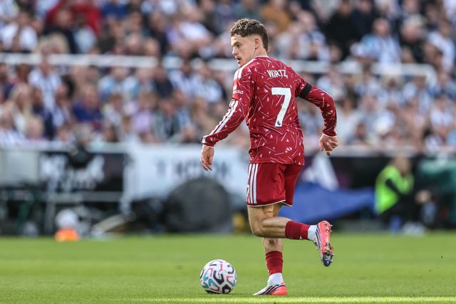 Florian Wirtz of Liverpool breaks with the ball during the Premier League match Newcastle Untied vs Liverpool at St. James's Park, Newcastle, United Kingdom on 23 August 2026

(Photo by Alfie Cosgrove/News Images)