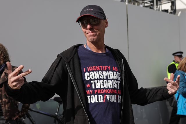 A protester wearing a conspiracy theorist top during the Labour Party Annual Conference 2025 at The ACC, Liverpool, United Kingdom, 28th September 2025

(Photo by Mark Cosgrove/News Images)