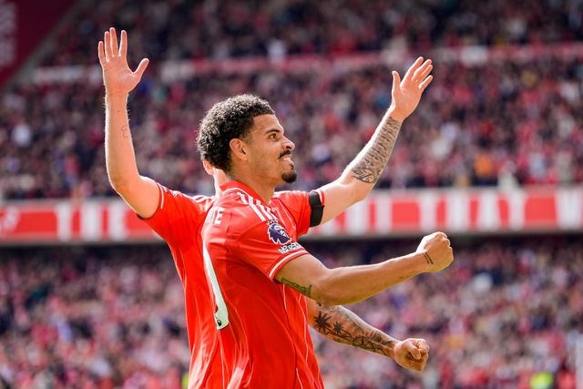 Morgan Gibbs-White of Nottingham Forest celebrates his hat-rick goal to make it  3-0 during the Premier League match Nottingham Forest vs Burnley at City Ground, Nottingham, United Kingdom on 19 April 2026

(Photo by Maynard Manyowa/News Images)