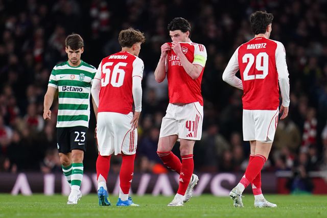 Declan Rice of Arsenal and Max Dowman of Arsenal during the UEFA Champions League Quarter Finals match Arsenal vs Sporting CP at Arsenal stadium, London, United Kingdom on 15 April 2026

(Photo by Harvey Murphy/News Images)