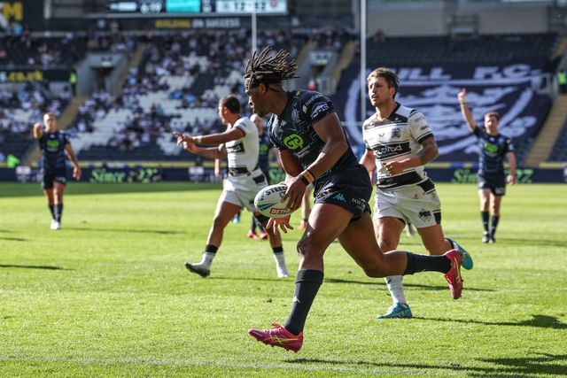 Junior Nsemba of Wigan Warriors goes over for a try during the Betfred Super League Round 9 match Hull FC vs Wigan Warriors at MKM Stadium, Hull, United Kingdom, 27th April 2025

(Photo by Mark Cosgrove/News Images)