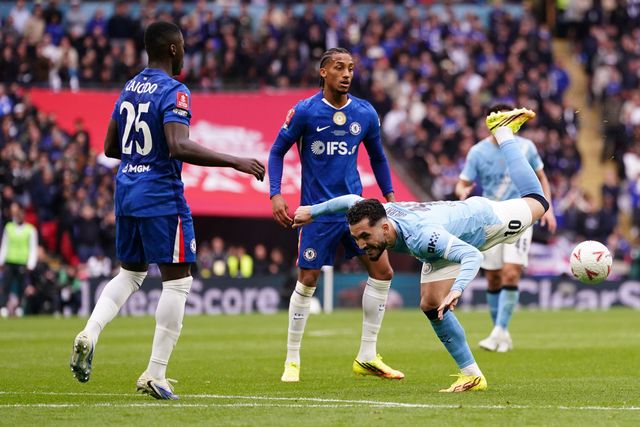 Rayan Cherki of Manchester City attempts scorpion kick during the Emirates FA Cup Final match Chelsea vs Manchester City at Wembley Stadium, London, United Kingdom on 16 May 2026

(Photo by Harvey Murphy/News Images)