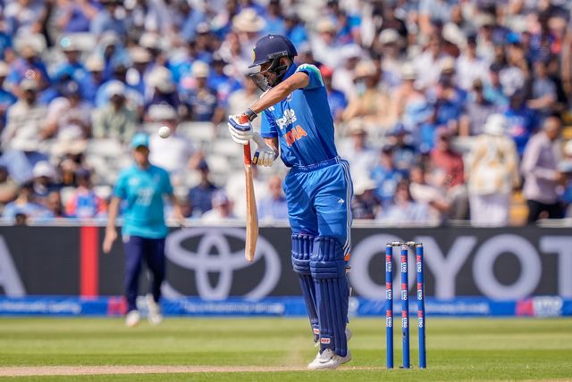 India captain Shubman Gill hit high on the bat by a bouncer from Josh Tongue of England during the 1st Metro Bank ODI match England vs India at Edgbaston, Birmingham, United Kingdom on 14 July 2026

(Photo by Maynard Manyowa/News Images)