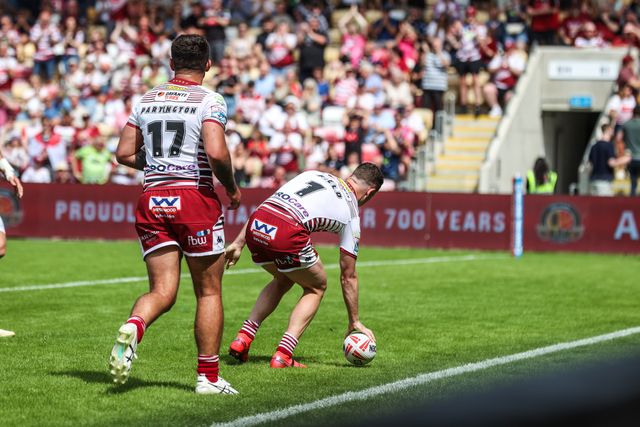 Jai Field of Wigan Warriors goes over for a try during the Betfred Super League round 15 match York Knights vs Wigan Warriors at LNER Community Stadium, York, United Kingdom on 20 June 2026

(Photo by Alfie Cosgrove/News Images)