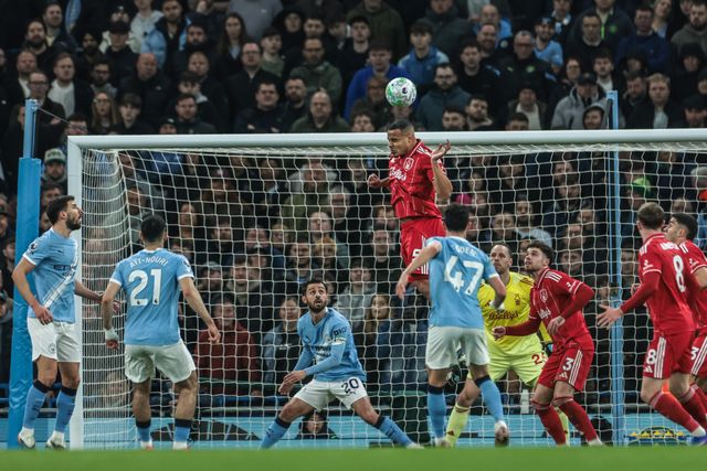 Murillo of Nottingham Forest jumps up to win the high ball in his defensive area during the Premier League match Manchester City vs Nottingham Forest at Etihad Stadium, Manchester, United Kingdom on 04 March 2026

(Photo by Mark Cosgrove/News Images)