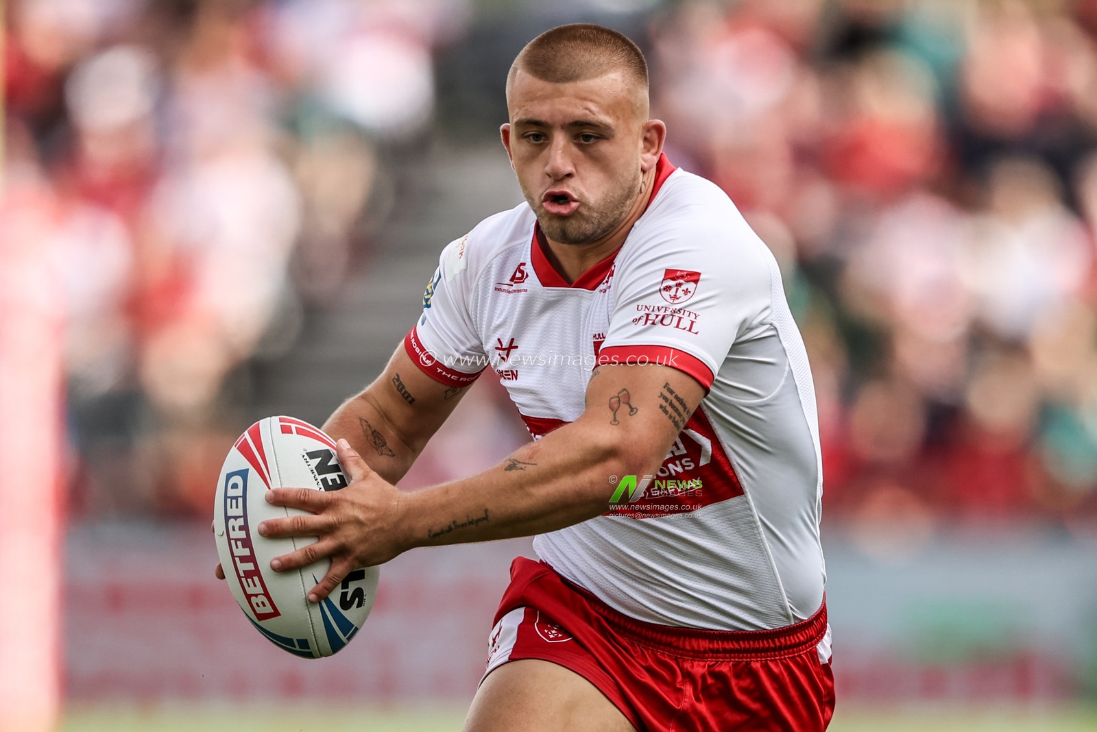 Mikey Lewis of Hull KR breaks with the ball during the Betfred Super League round 18 match Hull KR vs Wakefield Trinity at Sewell Group Craven Park, Hull, United Kingdom on 11 July 2026

(Photo by Alfie Cosgrove/News Images)