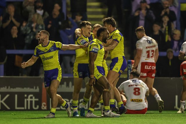 Rodrick Tai of Warrington Wolves celebrates his try during the Betfred Super League Round 9 match Warrington Wolves vs St Helens at Halliwell Jones Stadium, Warrington, United Kingdom, 24th April 2025

(Photo by Alfie Cosgrove/News Images)