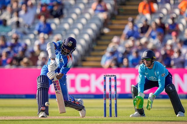 Washington Sundar of India hits a six and celebrates a half century  during the 1st Metro Bank ODI match England vs India at Edgbaston, Birmingham, United Kingdom on 14 July 2026

(Photo by Maynard Manyowa/News Images)
